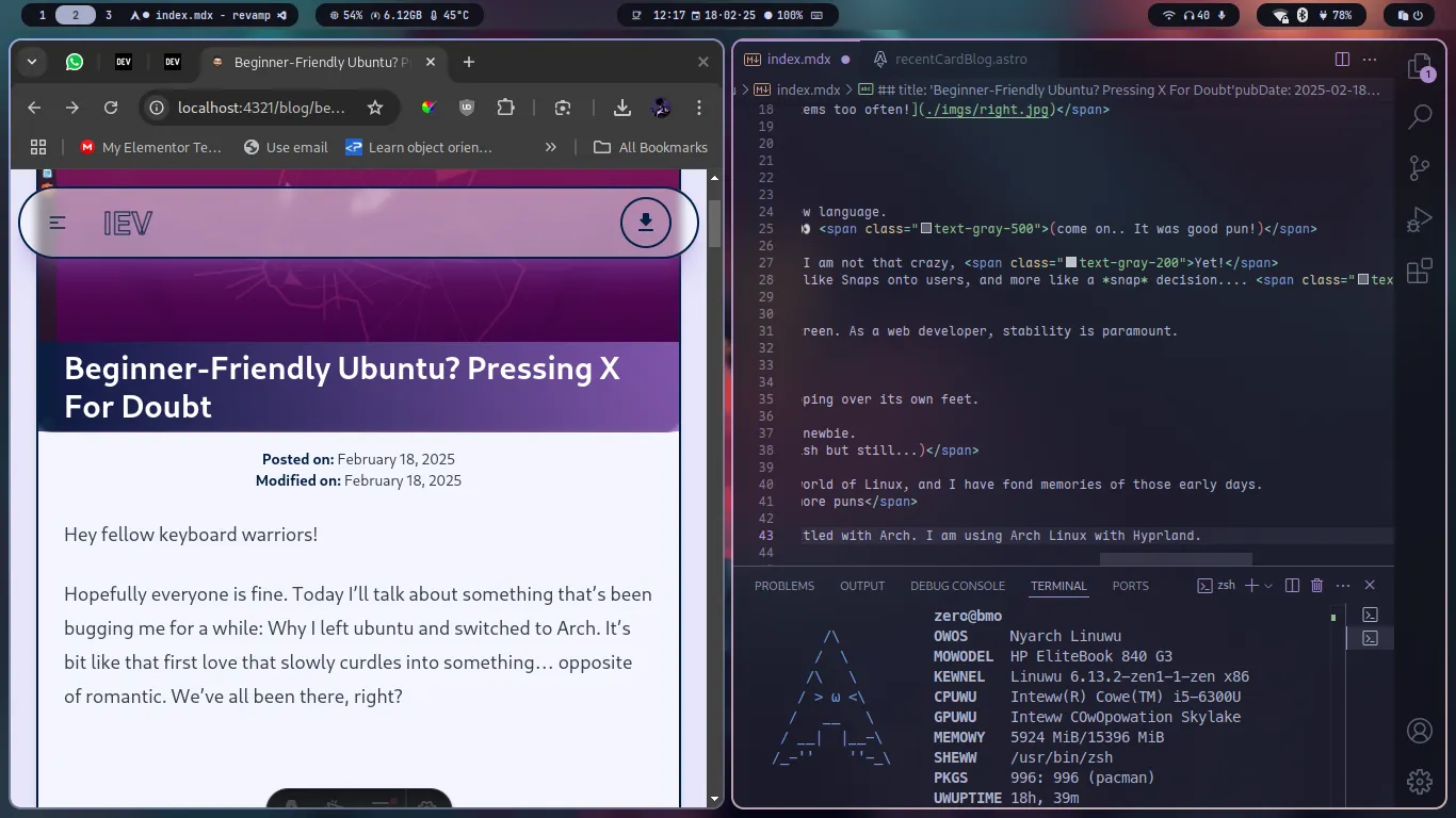 Arch Linux With VSCode, UWUFetch in terminal and Localhost Preview of this post